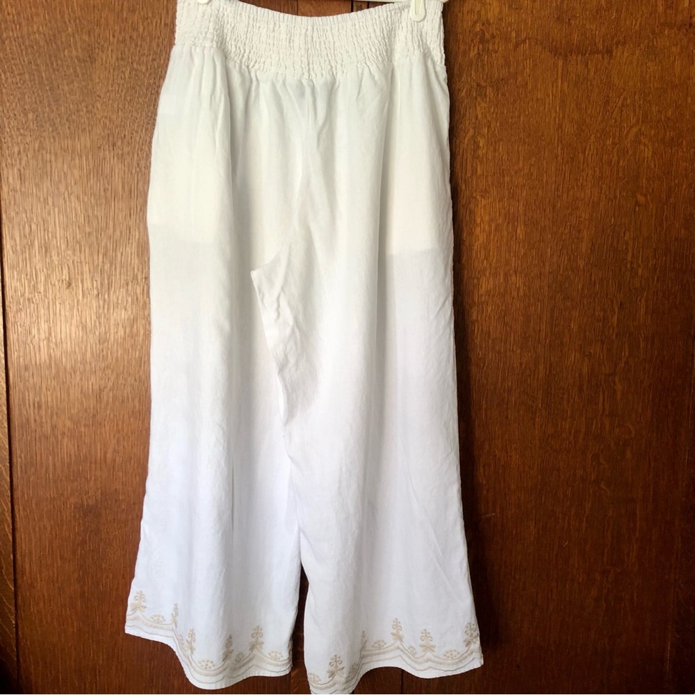 Tahari White Wide-Leg Embroidered Pants Pockets Boho XL Linen blend - Picture 8 of 14
